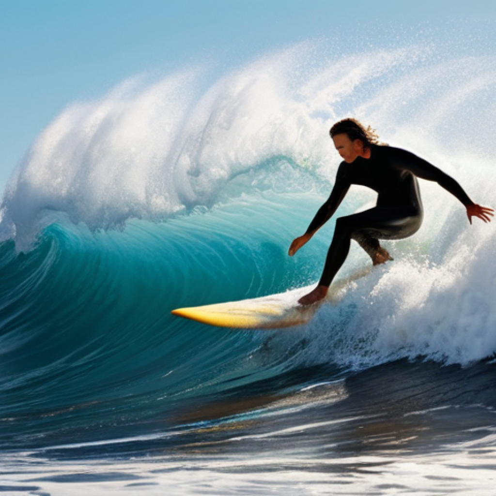 **A surfer riding a large wave, symbolizing emotional agility and navigating life's challenges. Bright, dynamic colors with a sense of freedom and control.**