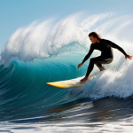 **A surfer riding a large wave, symbolizing emotional agility and navigating life's challenges. Bright, dynamic colors with a sense of freedom and control.**