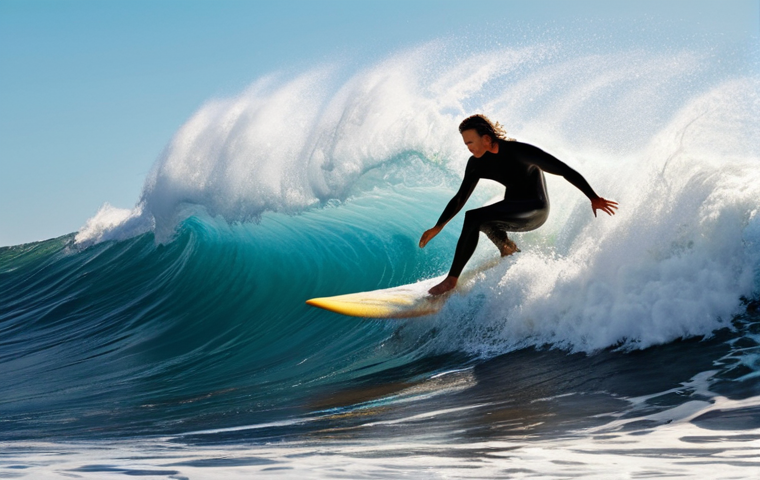 **A surfer riding a large wave, symbolizing emotional agility and navigating life's challenges. Bright, dynamic colors with a sense of freedom and control.**