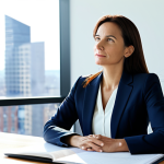 A professional woman in her mid-30s, exhibiting a calm and thoughtful expression, sitting serenely at a desk in a brightly lit modern office. She is fully clothed in a modest, professional business suit, looking towards a distant cityscape view through a large window, conveying a sense of introspection and emotional clarity. The atmosphere is peaceful with soft, natural lighting. Perfect anatomy, correct proportions, natural pose, well-formed hands, proper finger count, natural body proportions, safe for work, appropriate content, professional, family-friendly, high quality.