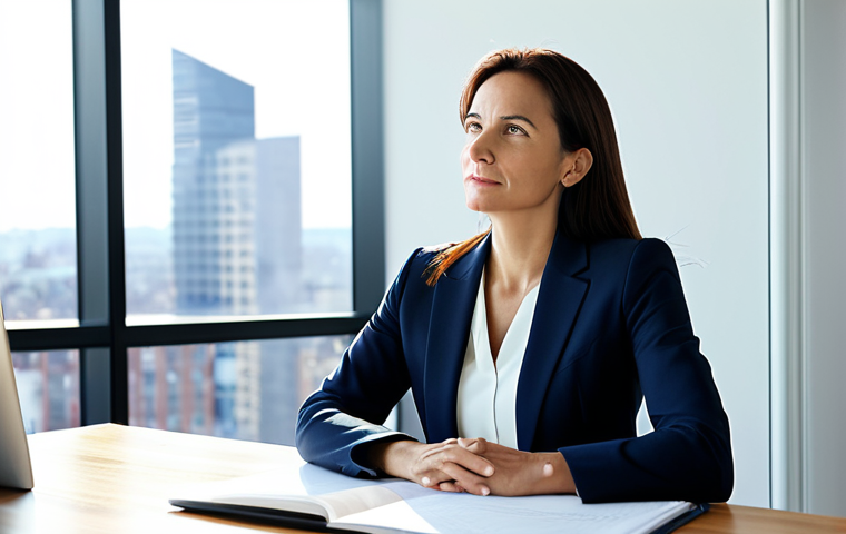 A professional woman in her mid-30s, exhibiting a calm and thoughtful expression, sitting serenely at a desk in a brightly lit modern office. She is fully clothed in a modest, professional business suit, looking towards a distant cityscape view through a large window, conveying a sense of introspection and emotional clarity. The atmosphere is peaceful with soft, natural lighting. Perfect anatomy, correct proportions, natural pose, well-formed hands, proper finger count, natural body proportions, safe for work, appropriate content, professional, family-friendly, high quality.