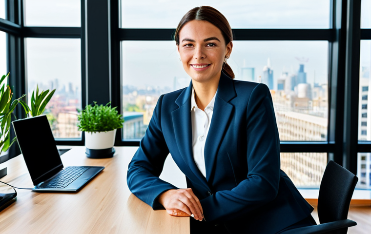 **

A woman in a modest business suit, sitting at a desk in a modern office, fully clothed, appropriate attire, safe for work, perfect anatomy, natural proportions, professional photography, high quality. The office has large windows with a city view, plants, and a clean, organized desk. The lighting is soft and natural. professional, modest, family-friendly

**