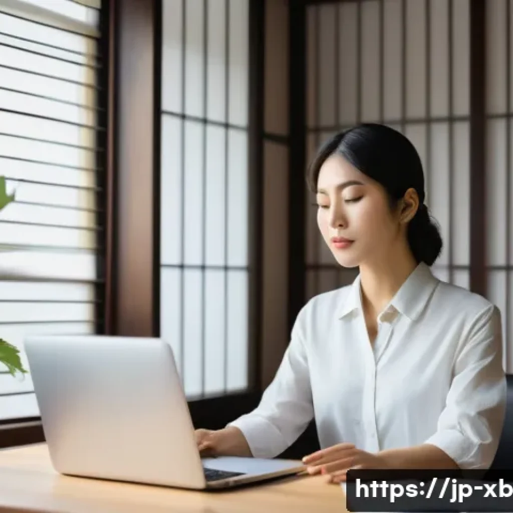 정서적 민첩성이란  이해하기 쉽게 설명하기 - A serene modern Japanese office scene showing a calm young professional woman practicing deep breath...