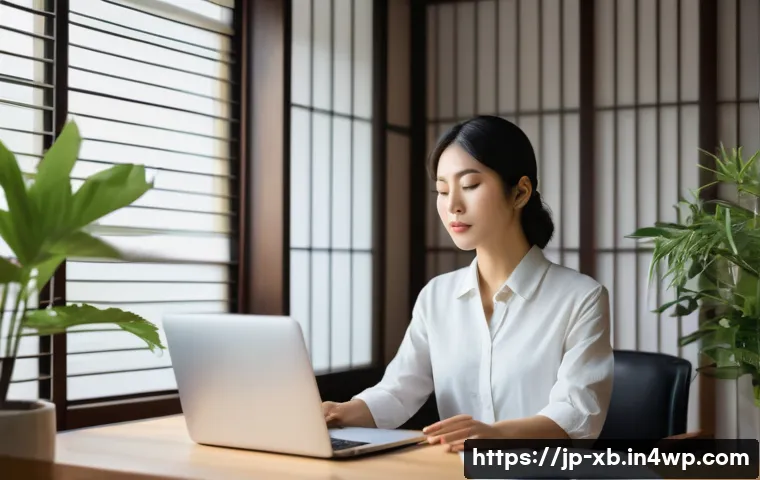 정서적 민첩성이란  이해하기 쉽게 설명하기 - A serene modern Japanese office scene showing a calm young professional woman practicing deep breath...