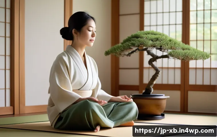 정서적 민첩성 개발을 위한 실천적 접근 - A calm Japanese woman sitting peacefully on a tatami mat in a modern, sunlit room, practicing mindfu...