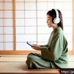 정서적 민첩성 개발을 위한 팟캐스트 추천 - A cozy Japanese-style room softly lit by warm natural light through shoji screens, featuring a young...