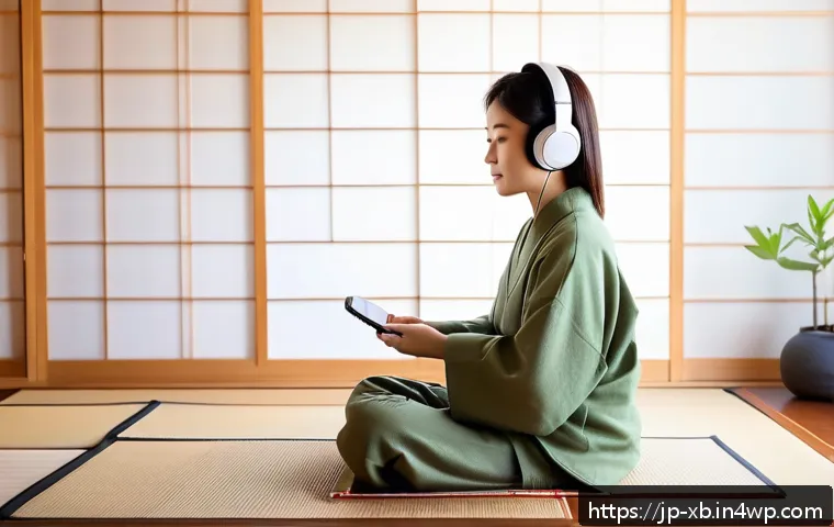 정서적 민첩성 개발을 위한 팟캐스트 추천 - A cozy Japanese-style room softly lit by warm natural light through shoji screens, featuring a young...