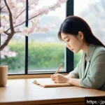 정서적 민첩성을 위한 커뮤니케이션 스킬 - A serene Japanese office setting with a young Japanese woman in modern business casual attire though...