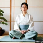 정서적 민첩성 향상을 위한 명상 기법 - A serene Japanese-style room with soft natural lighting during early morning, featuring a young Japa...