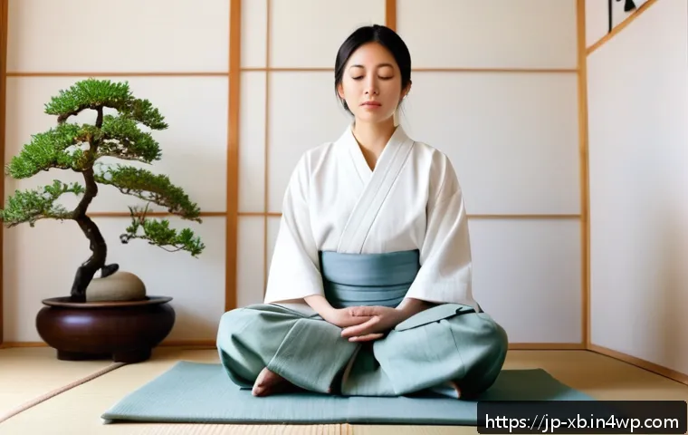 정서적 민첩성 향상을 위한 명상 기법 - A serene Japanese-style room with soft natural lighting during early morning, featuring a young Japa...