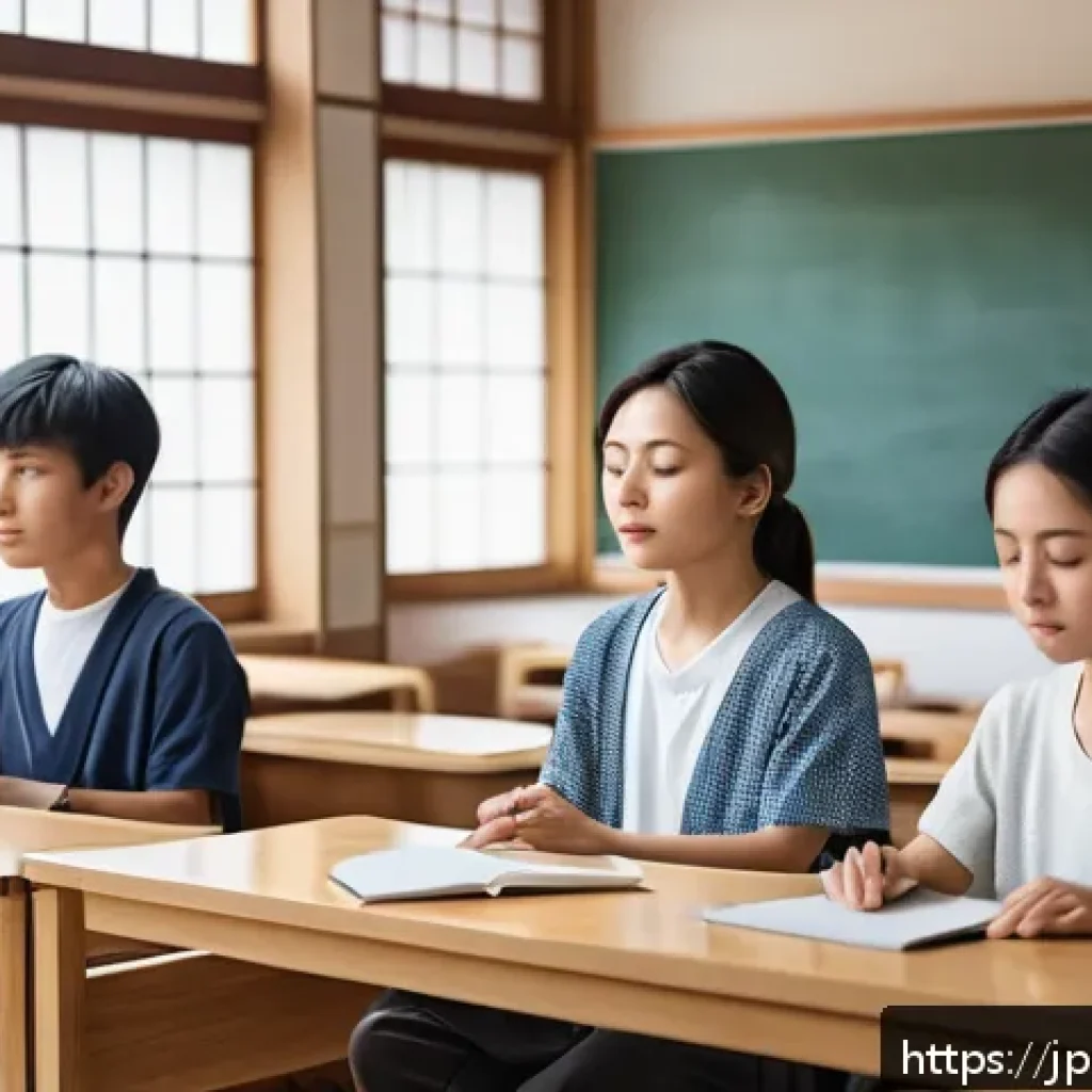 정서적 민첩성을 기르는 청소년 프로그램 - A serene Japanese classroom scene where a diverse group of young students, wearing casual but modest...
