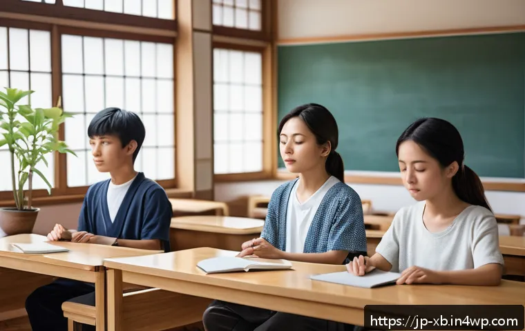 정서적 민첩성을 기르는 청소년 프로그램 - A serene Japanese classroom scene where a diverse group of young students, wearing casual but modest...