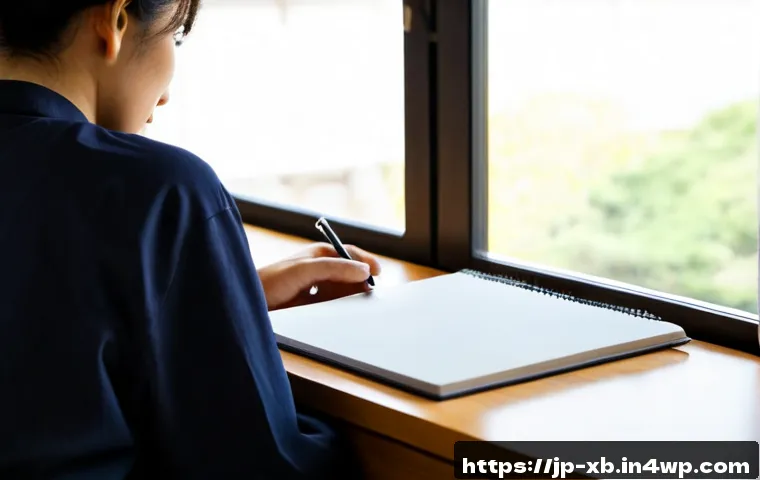 정서적 민첩성을 강화하는 일상 속 습관 - Photorealistic morning scene of a Japanese adult sitting calmly at a tidy wooden desk by a large win...